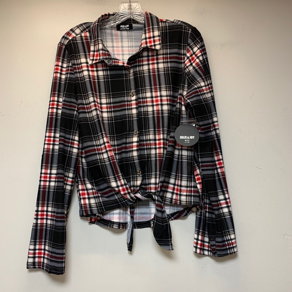Jolie & Joy Plaid Front Tie Top Womens XL Black Red New J4H8033C Button Down‎